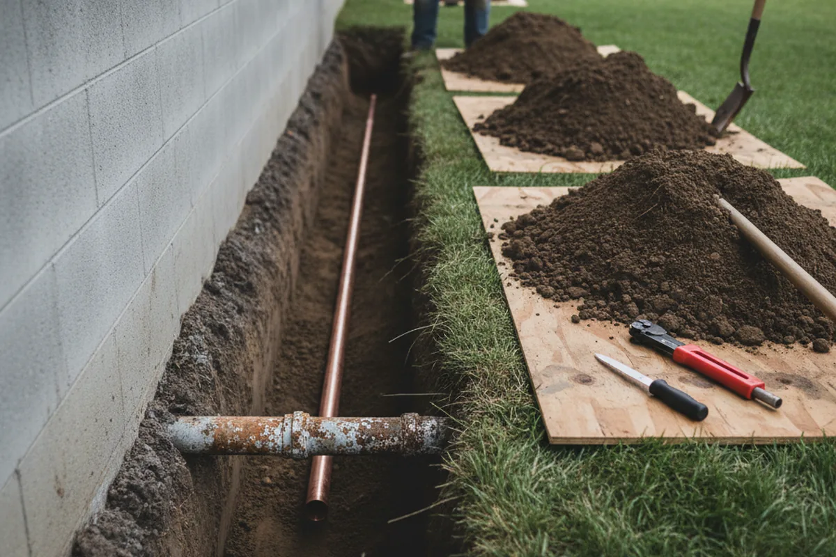 Excavated water line trench during Sewer Line Repair in King George